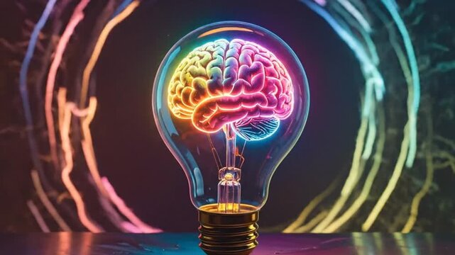 A glowing brain inside a lightbulb, symbolizing ideas, innovation, and the power of thought against a dark background.