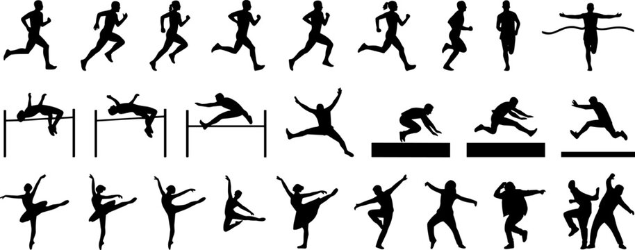 Sports silhouette icon vector illustration set featuring running, hurdling, long jump, dance poses, and martial arts activity motifs