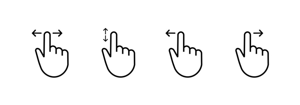 Sliding hand gesture icon set. Set of left right finger swipe icons. Clicking hand pointer finger icon set.