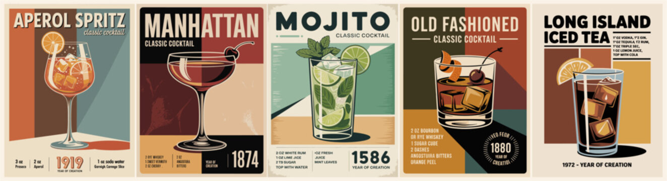Retro poster collection featuring classic cocktails including Aperol Spritz, Manhattan, Mojito, Old Fashioned, and Long Island Iced Tea. Vintage vector illustrations with muted mid-century colors.