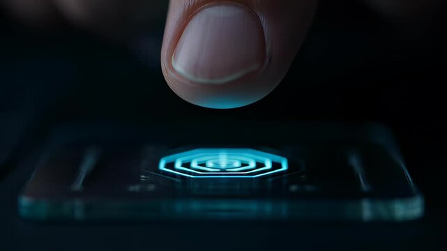 A human finger scanning on a glowing digital biometric sensor with neon blue light in a cinematic macro 3D animation, representing secure identity verification and cybersecurity technology concepts.