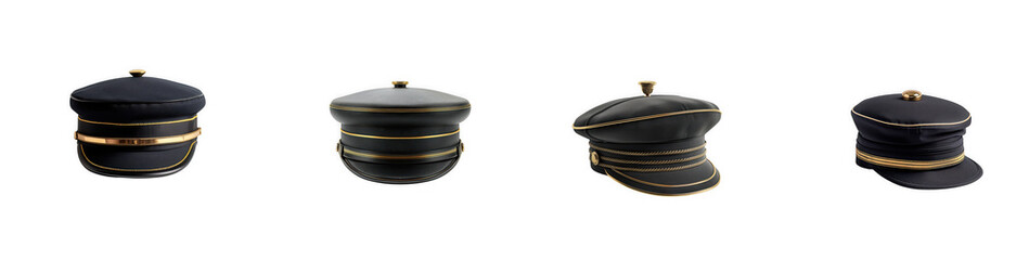 Set of four black captain hats with gold embroidery and trim isolated on transparent background