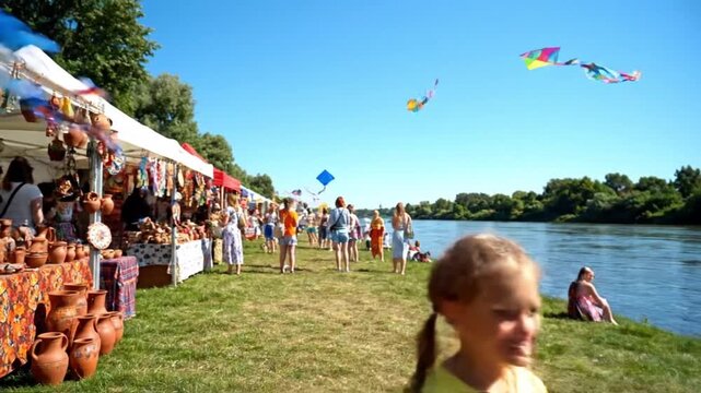 Two happy children play near a river with colorful umbrellas and kites during a sunny outdoor market day.