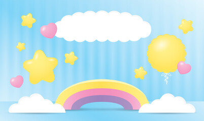 Fototapeta premium colorful pastel rainbow stand and cloud display props on soft blue background with cute kawaii stars and hearts and round balloon 3d illustration vector for putting product or object