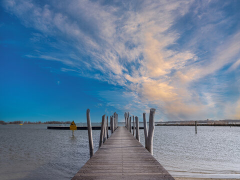 Houten steiger Woldstrand , Zeewolde, Flevoland province, The Netherlands