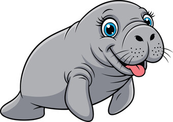 Cute Grey Manatee Cartoon Character Vector Illustration Featuring a Happy Sea Cow with Blue Eyes Isolated on White Background for Kids