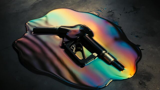 Close-up of a black fuel pump nozzle resting in a puddle of iridescent gasoline or oil spill reflecting rainbow colors on a dark surface.