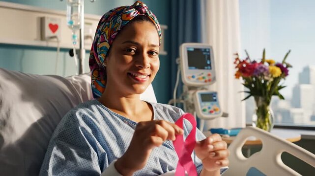 Smiling patient woman holding pink ribbon in hospital room