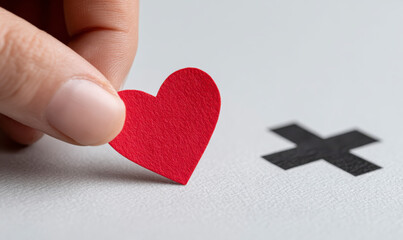 Fototapeta premium Hand hold red heart near black cross mark on white textured background
