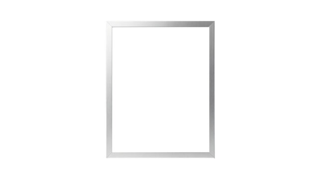 Minimal blank photo frame mockup with thin metallic silver border, portrait orientation, isolated on white background for wall art and branding design