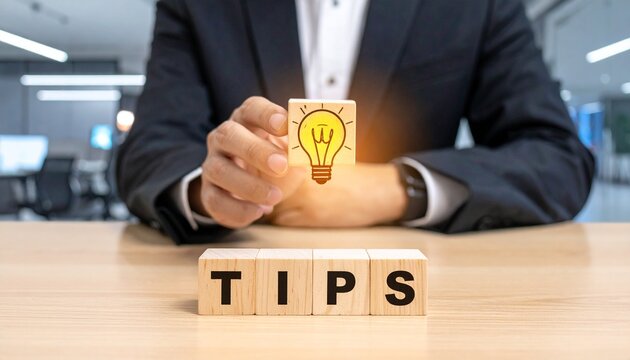 Business Professional Holding Glowing Light Bulb Block Above Wooden Cubes Spelling TIPS on a Desk in an Office Setting