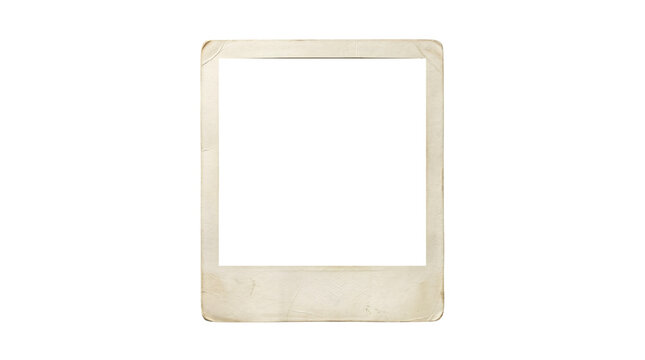 Empty vintage instant photo frame with blank square window, beige paper border isolated on white background for mockup, retro memory concept