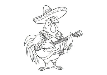 Fototapeta premium A cartoon rooster wearing a sombrero and playing guitar