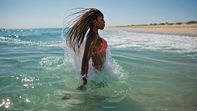 Beautiful young Black woman with box braids wearing a pink bikini top emerging from turquoise ocean waves on a sunny beach day