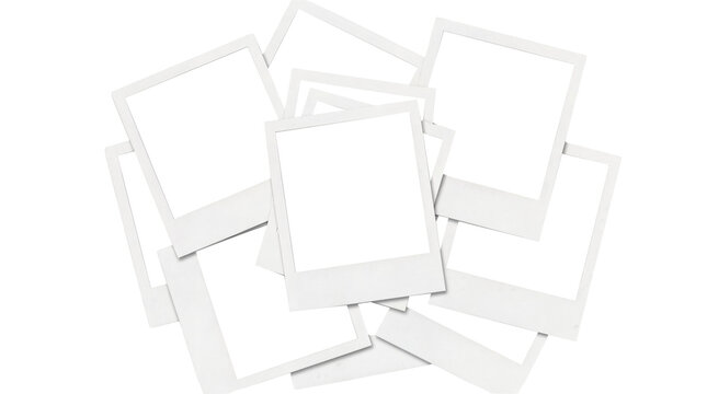 Stack of blank square instant photo frames with soft shadows isolated on white background, mockup template for memories, scrapbook design, and social media layout