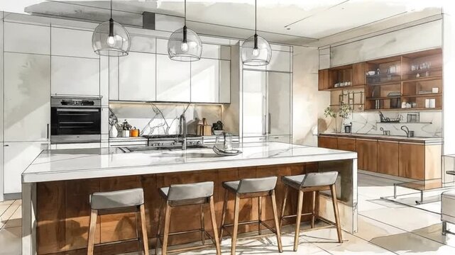 Modern kitchen interior sketch with island, cabinets, and stylish lighting, perfect for design concepts.