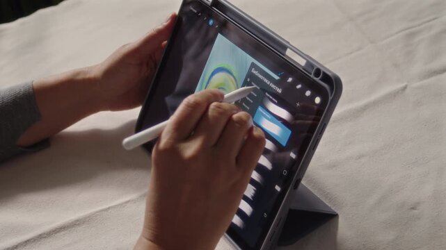 Close-up, the artist draws a picture with a stylus on the screen of the tablet