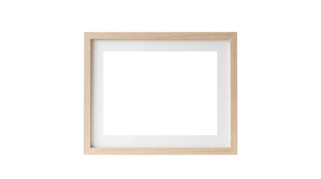 Minimal empty wooden picture frame with white mat on white background, front view mockup for wall art, photo print, poster display, or branding design
