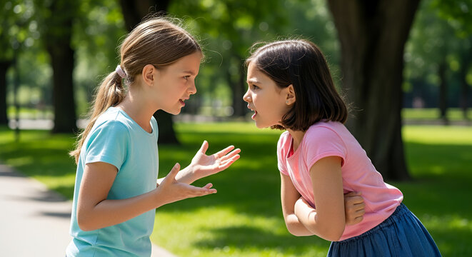Two young girls arguing with expressive gestures in a sunny outdoor setting