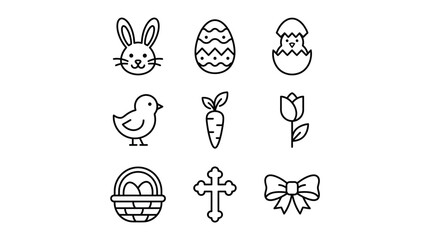 Fototapeta premium A delightful collection of minimalist Easter icons, including a cute bunny, a decorated easter egg, a chick hatching from an egg, a spring flower, and symbolic cross, perfect for holiday designs