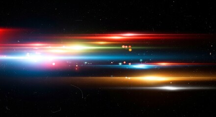 Obraz premium Multi-colored Light Streaks and Bokeh Particles with Film Grain on a Dark Background stock upscaled