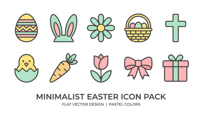 Minimalist Easter icon pack featuring Easter egg, bunny ears, chick, carrot, tulip, flower, bow, basket, and cross in pastel colors