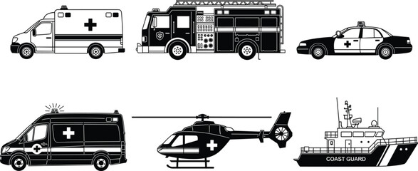Emergency vehicles illustration, ambulance fire truck police car, medical helicopter Coast Guard ship artwork, public safety transport vector drawing © Dilip