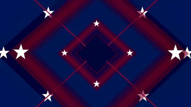 Abstract red and blue diamond shapes with glowing white stars in a seamless 3D animation, ideal for patriotic event and festive background projects.