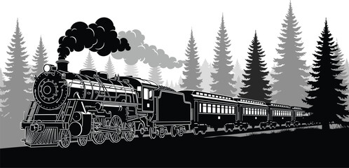 Steam locomotive train illustration, vintage railway artwork, forest travel scene, industrial transportation design, detailed silhouette drawing, historical travel concept © Dilip