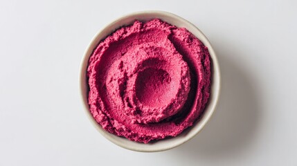 Delicious beetroot hummus sat in a bowl on a white background, viewed from above.