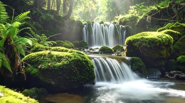 A serene waterfall cascades over moss-covered s in a lush, green forest, creating a tranquil scene.