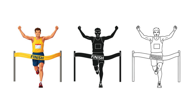 Vector graphic set illustrating a triumphant runner breaking the finish line tape with varying styles