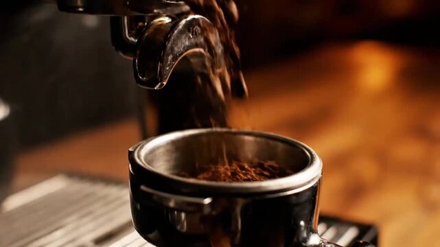Ultra detailed 4K cinematic macro footage of coffee beans grinding inside professional burr grinder, roasted beans pouring into machine hopper, 