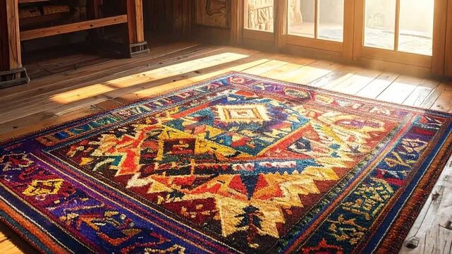 A vibrant, patterned rug lies on a wooden floor, illuminated by natural light from a window.