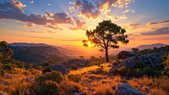 A vibrant sunset illuminates a scenic landscape, showcasing a solitary tree and y terrain.