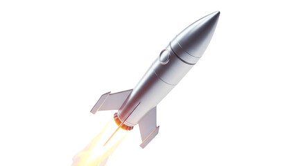 Silver rocket launching upwards with bright orange and yellow flames against black