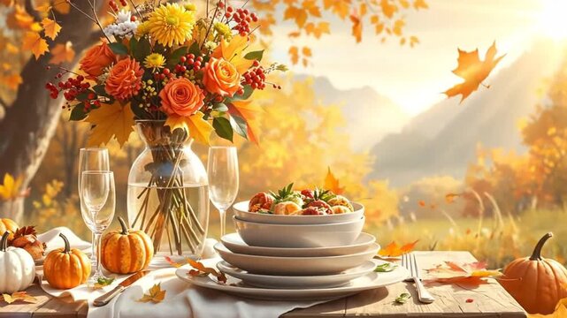 Autumnal table setting with pumpkins, flowers, and fall foliage against a scenic background.