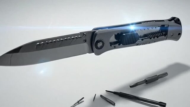 Close-up shot of a llic utility knife with its blade and small tools on a white background.