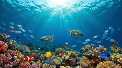 Fototapeta premium Two magnificent sea turtles navigate a breathtaking coral reef, surrounded by countless vibrant fish, bathed in brilliant sunrays from above.