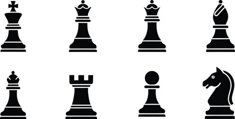 A collection of black chess piece silhouettes including king, queen, bishop, knight, rook, and pawn. © Shahedul