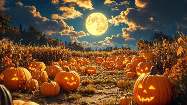 A spooky Halloween night scene with carved pumpkins, a full moon, and a cornfield background.