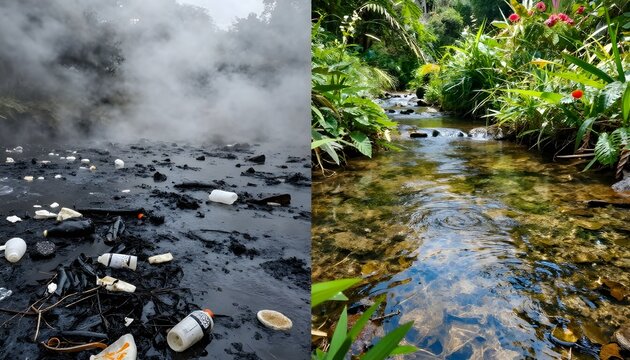 A polluted environment with smoke and trash next to a clean and serene natural stream with lush greenery and vibrant flowers.