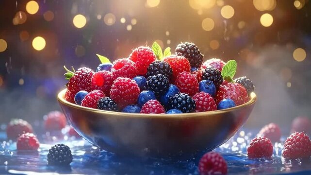 A vibrant bowl of fresh berries, including raspberries, blueberries, and blackberries, with water droplets.