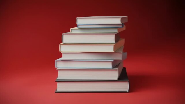 A stack of ten books with white pages and varying colored covers on a red background