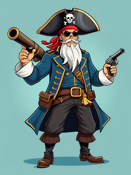 Cartoon pirate gunner or corsair sailor character with cannon, vector man personage. Pirate in corsair tricorne hat with skull, Caribbean adventure sea filibuster or corsair gunner with cannon