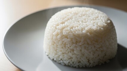 A perfectly formed mound of fluffy white rice sits on a simple grey plate.