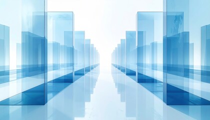 Fototapeta premium Symmetrical Arrangement of Translucent Blue Geometric Structures in a Bright, Clean Setting