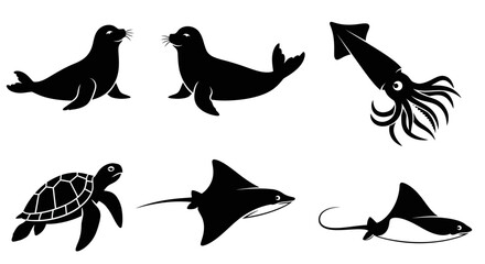 Marine Animals Silhouettes Set: Seals, Squid, Sea Turtle, and Stingrays Icons