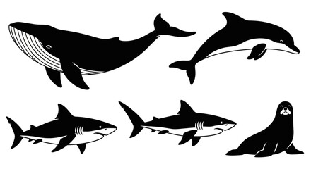 Obraz premium Marine Animals Silhouettes Set: Whale, Dolphin, Sharks, and Seal