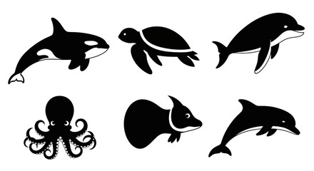 Obraz premium Marine Animals Silhouettes Set. Ocean Creatures Black Vector Icons: Orca, Dolphin, Turtle, Octopus